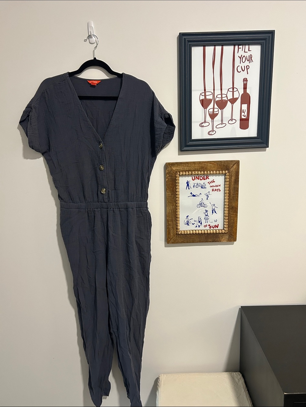 Casual Navy Blue Long-Sleeve Button-Front Jumpsuit